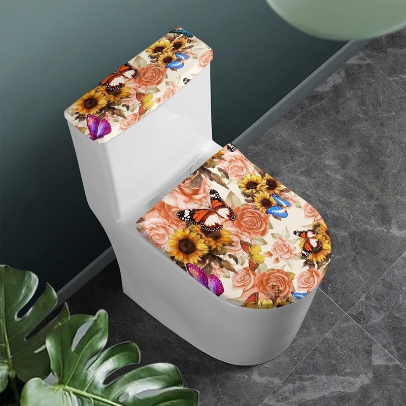 Flashideas Floral Butterfly Toilet Lid Cover and Toilet Tank Cover 2Pcs Toilet Seat Cover and Tank Lid Covers Stretch Toilet Covers Set for Bathroom Fits Most Toilet Tanks & Lids - Image 1